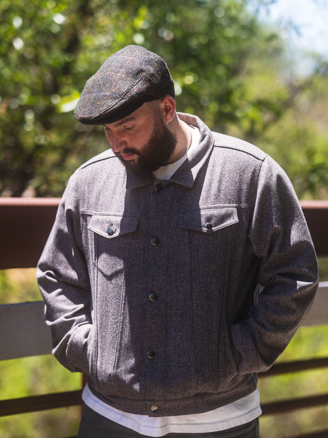 Herringbone Tweed Check Driving Cap - Dark Olive - Image 2