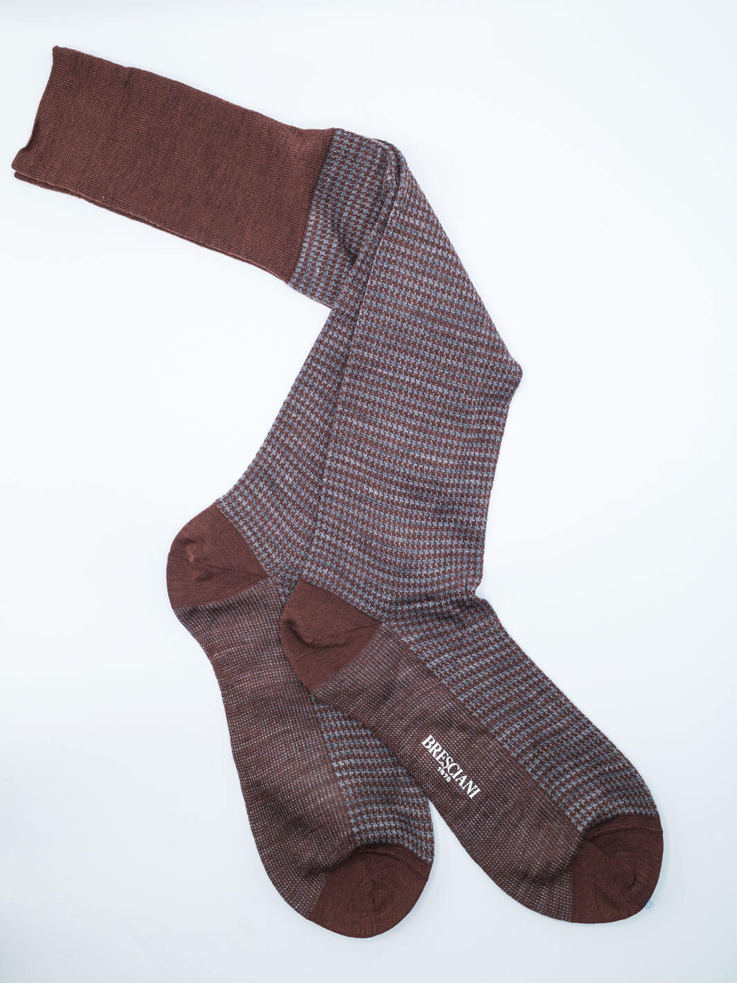 Wool Houndstooth Over-the-Calf Socks - Rust/Grey