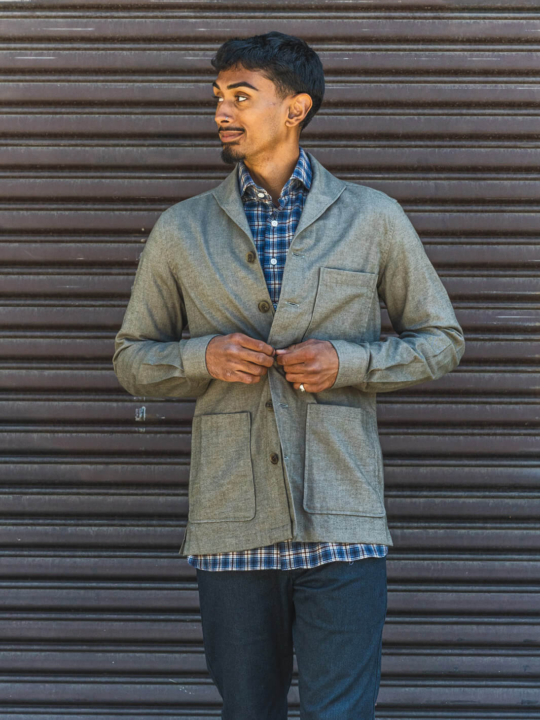 Cotton Flannel Shawl Collar Overshirt - Olive Green