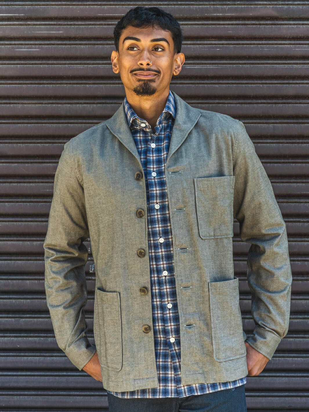 Cotton Flannel Shawl Collar Overshirt - Olive Green - Image 3