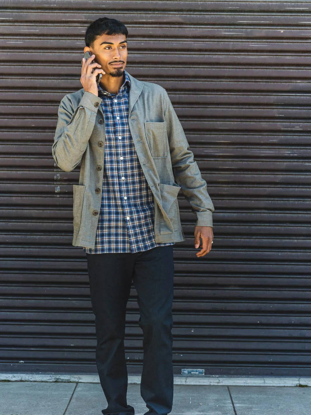 Cotton Flannel Shawl Collar Overshirt - Olive Green - Image 4